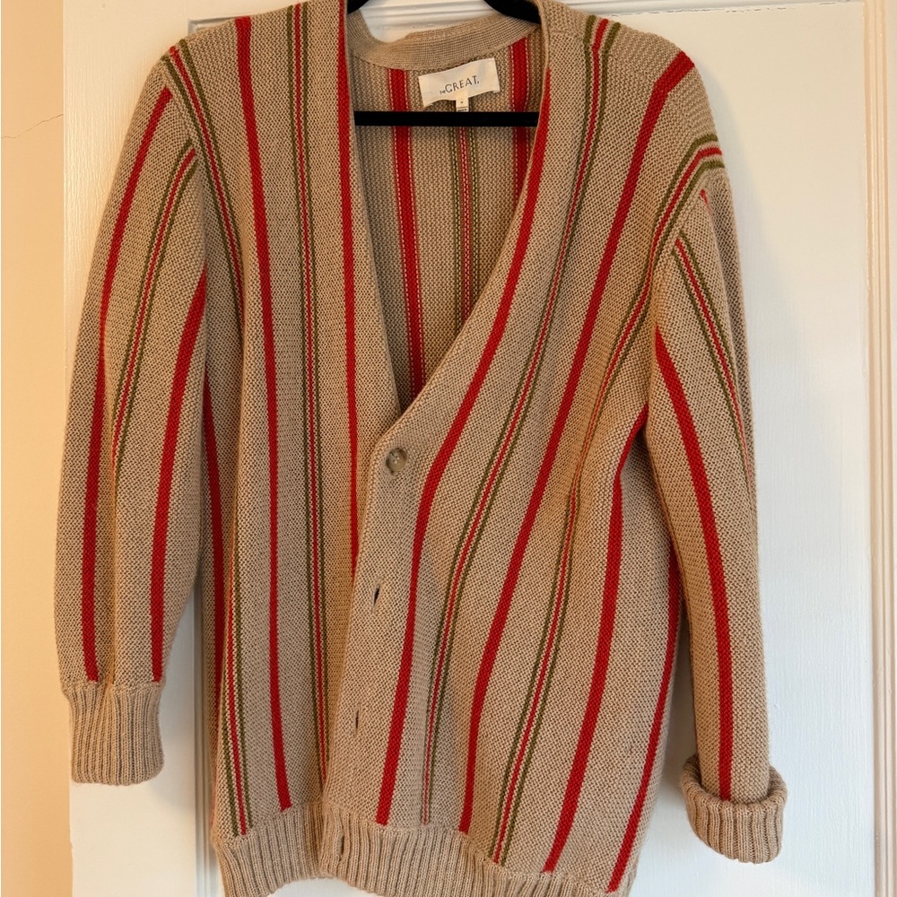 THE GREAT. Beige Knit Cardigan with Red & Olive Stripes